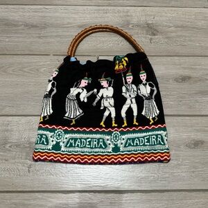 Vintage Madeira Portugal Handmade Boho Woven, Bamboo Handled Purse (Medium)
